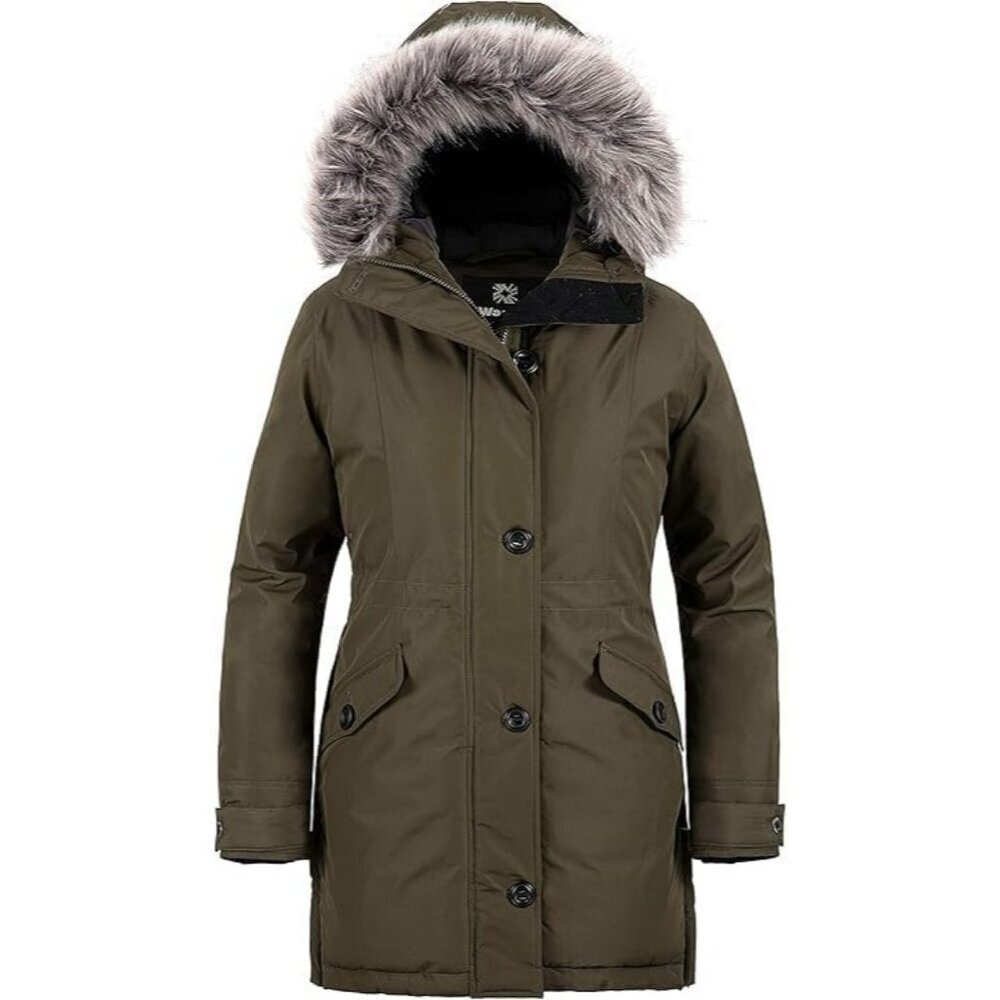 Women's Fashion Faux Army Green Puffer Jacket Hood Coat Winter Warm Duty Zipper